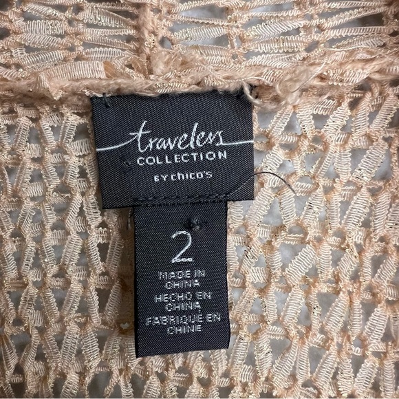 Chicos Sz L Peach Shimmer Boho Longline Fringe Cardigan Open Loose Knit Vacation - Picture 7 of 10